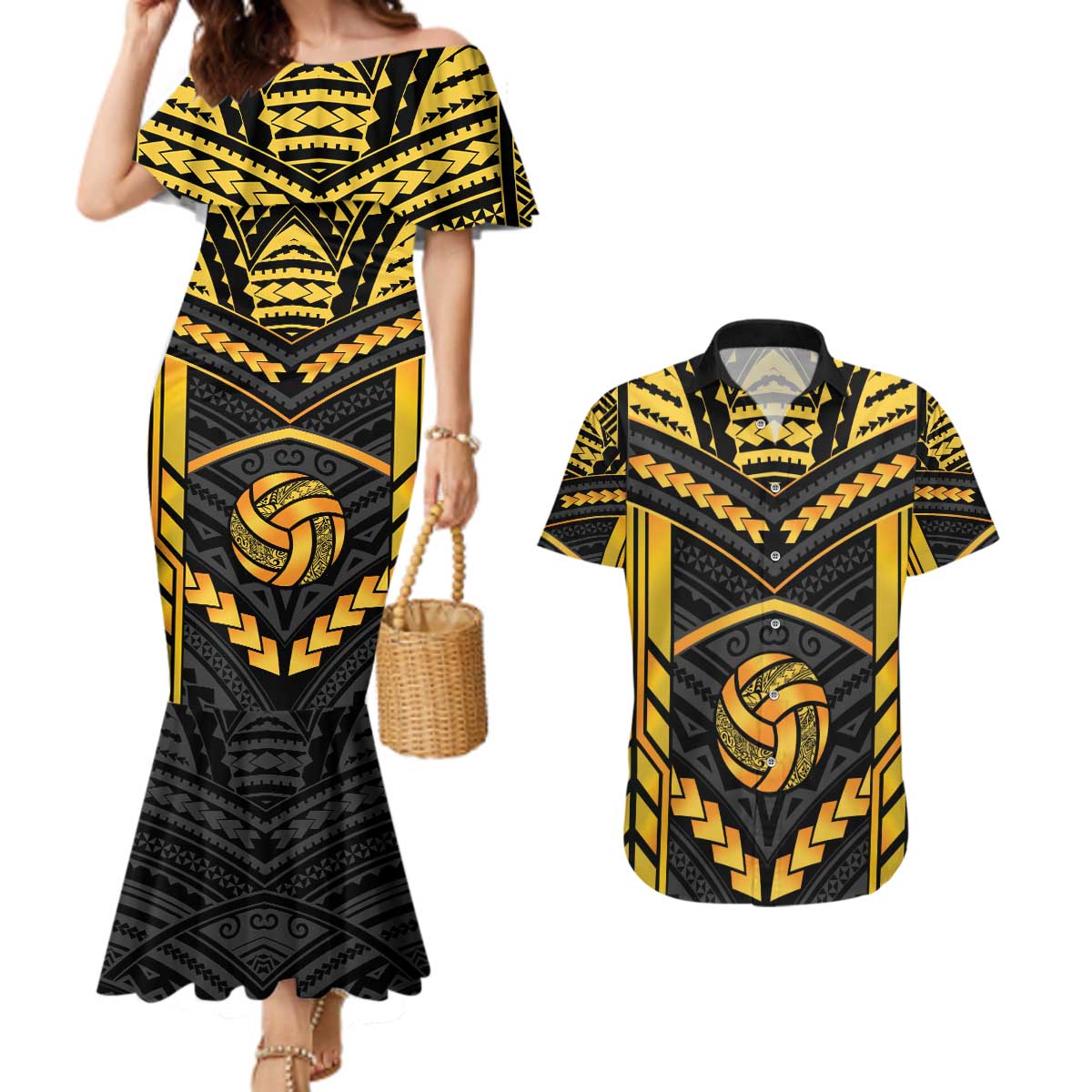 Custom Polynesia Beach Volleyball Couples Matching Mermaid Dress and Hawaiian Shirt Gold Polynesian Tribal Pattern - Polynesian Pride