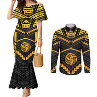 Custom Polynesia Beach Volleyball Couples Matching Mermaid Dress and Long Sleeve Button Shirt Gold Polynesian Tribal Pattern LT05 Gold - Polynesian Pride