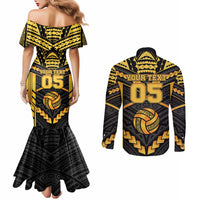 Custom Polynesia Beach Volleyball Couples Matching Mermaid Dress and Long Sleeve Button Shirt Gold Polynesian Tribal Pattern LT05 - Polynesian Pride