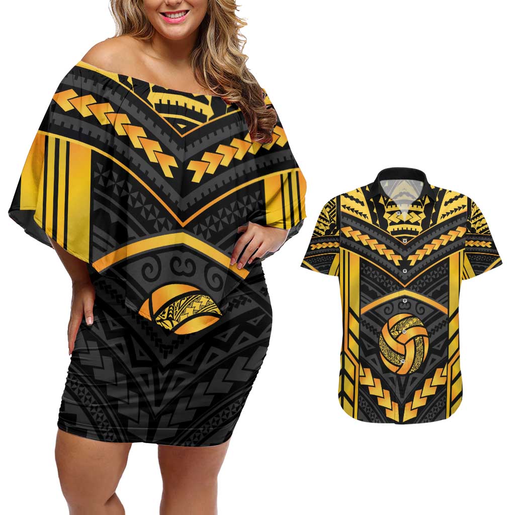 Custom Polynesia Beach Volleyball Couples Matching Off Shoulder Short Dress and Hawaiian Shirt Gold Polynesian Tribal Pattern - Polynesian Pride