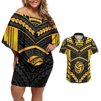 Custom Polynesia Beach Volleyball Couples Matching Off Shoulder Short Dress and Hawaiian Shirt Gold Polynesian Tribal Pattern - Polynesian Pride