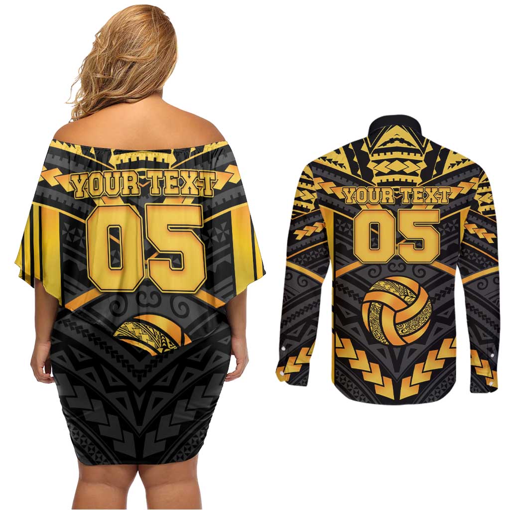 Custom Polynesia Beach Volleyball Couples Matching Off Shoulder Short Dress and Long Sleeve Button Shirt Gold Polynesian Tribal Pattern - Polynesian Pride
