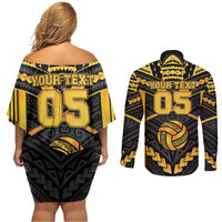 Custom Polynesia Beach Volleyball Couples Matching Off Shoulder Short Dress and Long Sleeve Button Shirt Gold Polynesian Tribal Pattern - Polynesian Pride