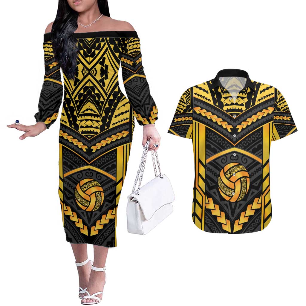 Custom Polynesia Beach Volleyball Couples Matching Off The Shoulder Long Sleeve Dress and Hawaiian Shirt Gold Polynesian Tribal Pattern - Polynesian Pride