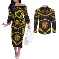 Custom Polynesia Beach Volleyball Couples Matching Off The Shoulder Long Sleeve Dress and Long Sleeve Button Shirt Gold Polynesian Tribal Pattern - Polynesian Pride