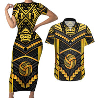 Custom Polynesia Beach Volleyball Couples Matching Short Sleeve Bodycon Dress and Hawaiian Shirt Gold Polynesian Tribal Pattern - Polynesian Pride