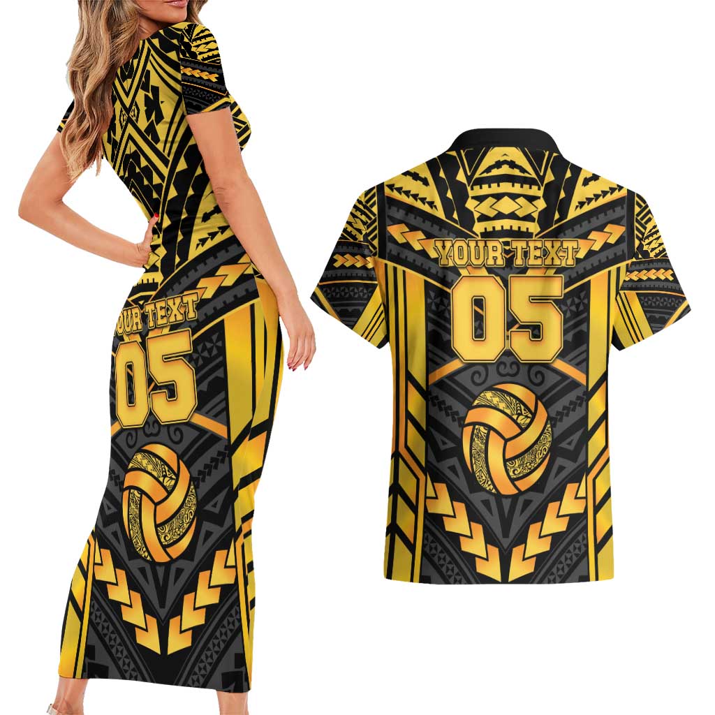 Custom Polynesia Beach Volleyball Couples Matching Short Sleeve Bodycon Dress and Hawaiian Shirt Gold Polynesian Tribal Pattern - Polynesian Pride