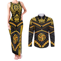Custom Polynesia Beach Volleyball Couples Matching Tank Maxi Dress and Long Sleeve Button Shirt Gold Polynesian Tribal Pattern - Polynesian Pride