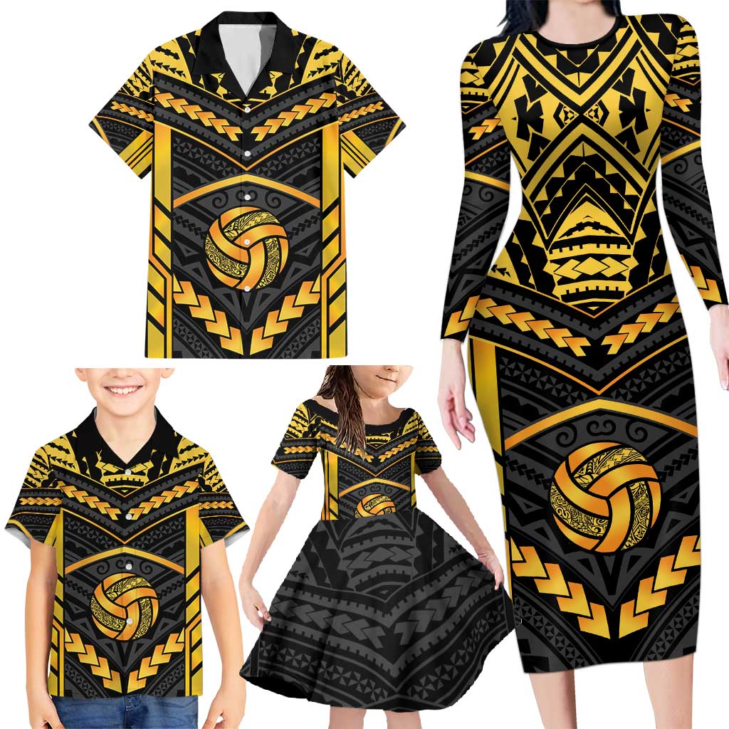 Custom Polynesia Beach Volleyball Family Matching Long Sleeve Bodycon Dress and Hawaiian Shirt Gold Polynesian Tribal Pattern - Polynesian Pride
