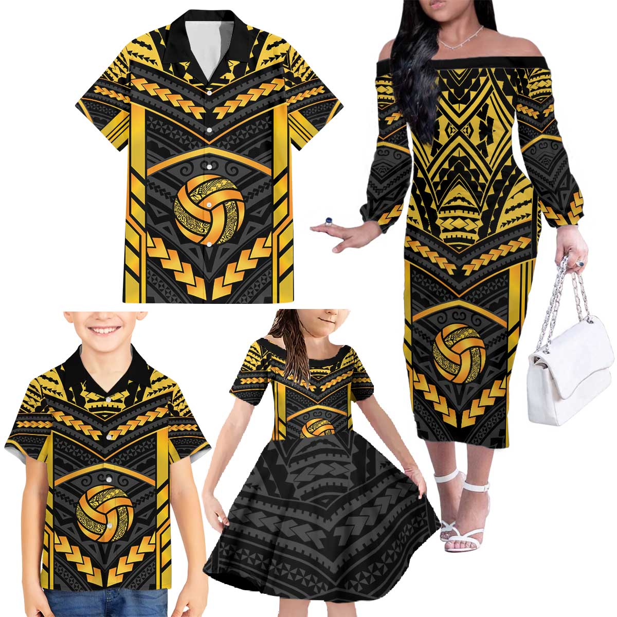 Custom Polynesia Beach Volleyball Family Matching Off The Shoulder Long Sleeve Dress and Hawaiian Shirt Gold Polynesian Tribal Pattern - Polynesian Pride
