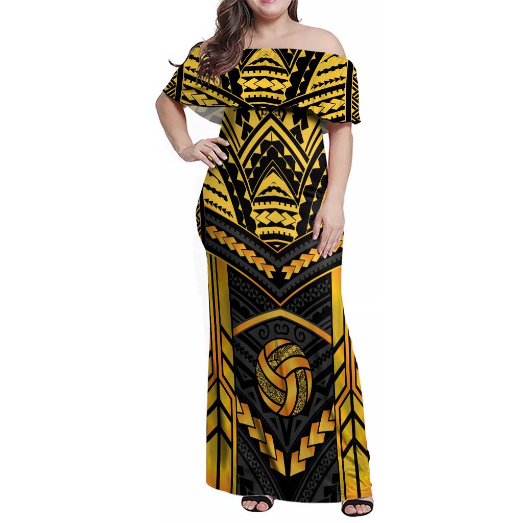 Custom Polynesia Beach Volleyball Family Matching Off Shoulder Maxi Dress and Hawaiian Shirt Gold Polynesian Tribal Pattern - Polynesian Pride