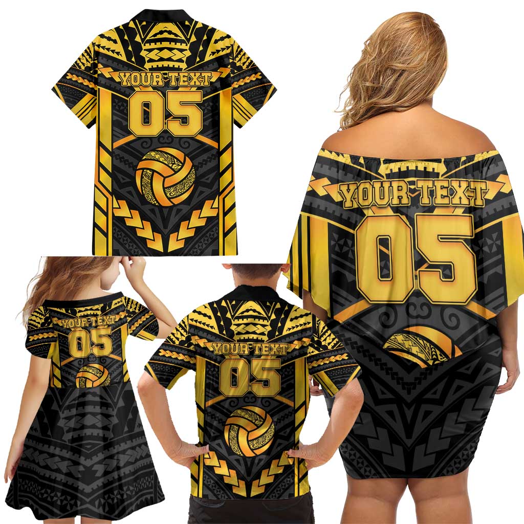 Custom Polynesia Beach Volleyball Family Matching Off Shoulder Short Dress and Hawaiian Shirt Gold Polynesian Tribal Pattern - Polynesian Pride