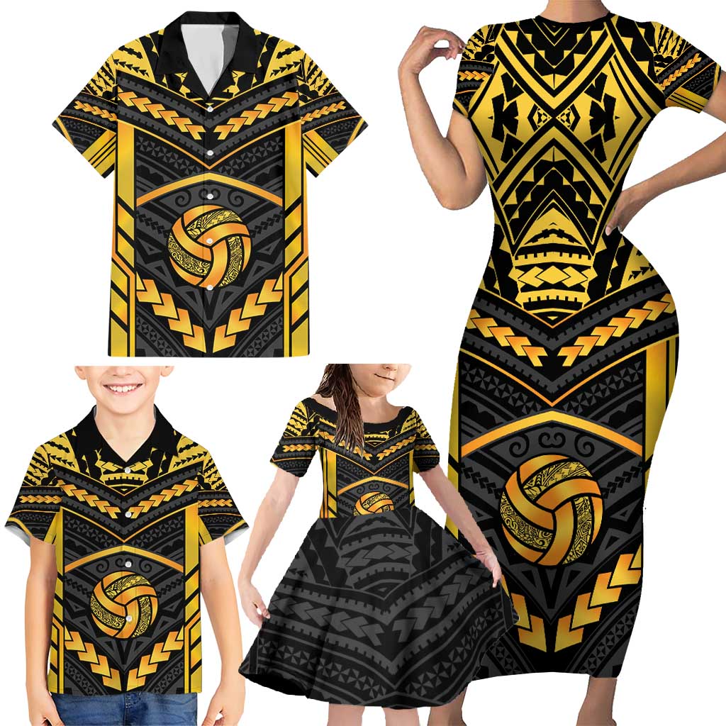 Custom Polynesia Beach Volleyball Family Matching Short Sleeve Bodycon Dress and Hawaiian Shirt Gold Polynesian Tribal Pattern - Polynesian Pride