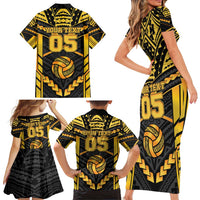 Custom Polynesia Beach Volleyball Family Matching Short Sleeve Bodycon Dress and Hawaiian Shirt Gold Polynesian Tribal Pattern - Polynesian Pride