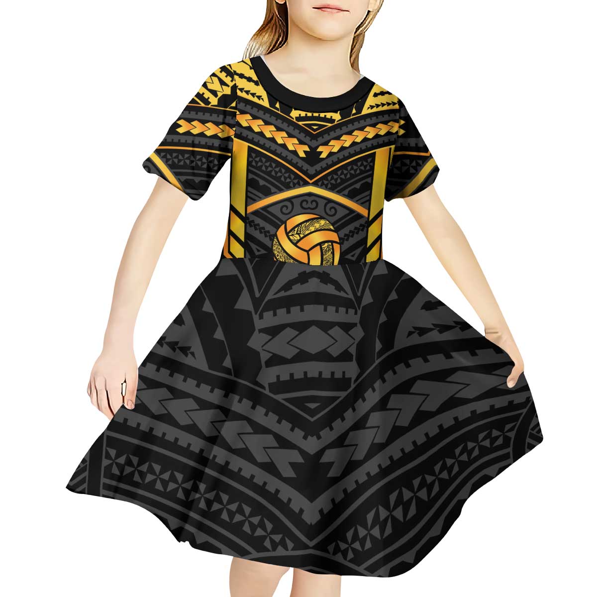 Custom Polynesia Beach Volleyball Kid Short Sleeve Dress Gold Polynesian Tribal Pattern LT05 - Polynesian Pride