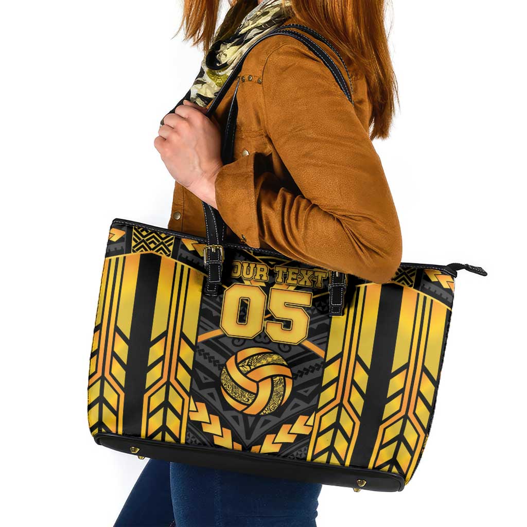 Custom Polynesia Beach Volleyball Leather Tote Bag Gold Polynesian Tribal Pattern - Polynesian Pride
