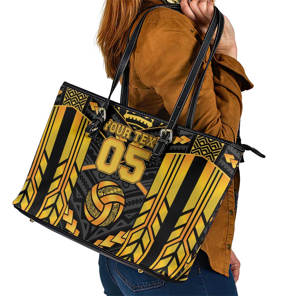 Custom Polynesia Beach Volleyball Leather Tote Bag Gold Polynesian Tribal Pattern - Polynesian Pride