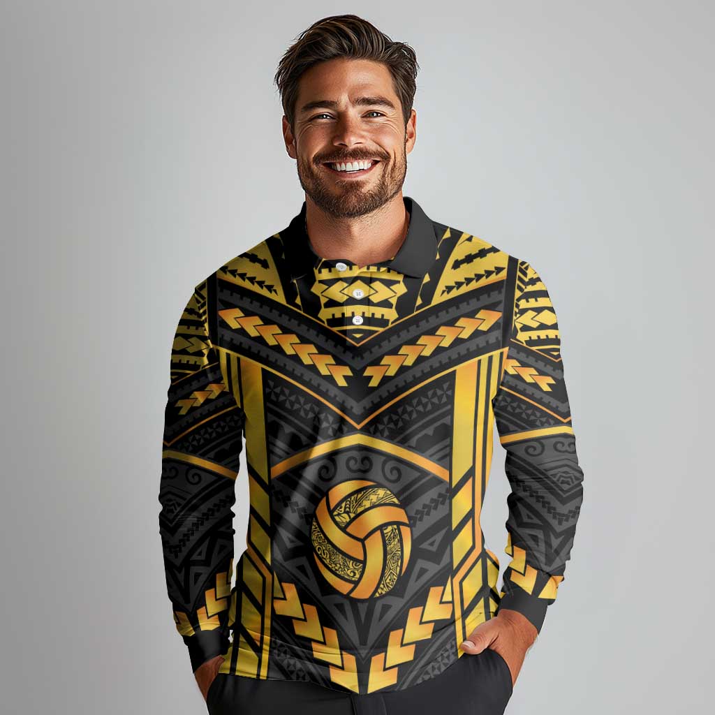 Custom Polynesia Beach Volleyball Long Sleeve Polo Shirt Gold Polynesian Tribal Pattern LT05 - Polynesian Pride
