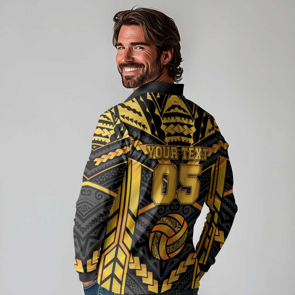 Custom Polynesia Beach Volleyball Long Sleeve Polo Shirt Gold Polynesian Tribal Pattern LT05 - Polynesian Pride