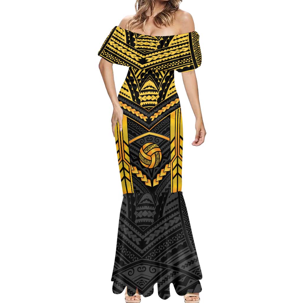 Custom Polynesia Beach Volleyball Mermaid Dress Gold Polynesian Tribal Pattern - Polynesian Pride