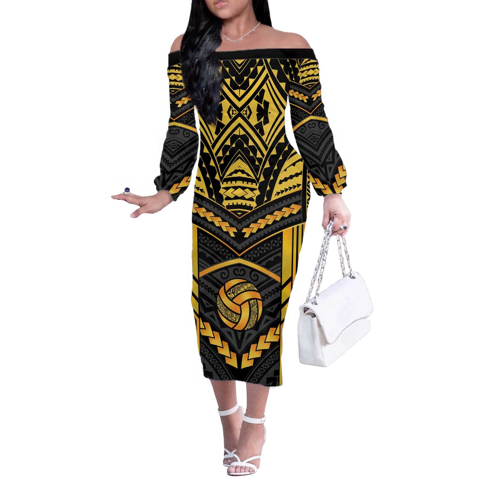 Custom Polynesia Beach Volleyball Off The Shoulder Long Sleeve Dress Gold Polynesian Tribal Pattern - Polynesian Pride