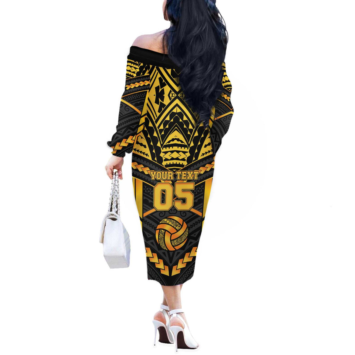 Custom Polynesia Beach Volleyball Off The Shoulder Long Sleeve Dress Gold Polynesian Tribal Pattern - Polynesian Pride