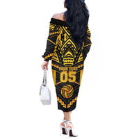 Custom Polynesia Beach Volleyball Off The Shoulder Long Sleeve Dress Gold Polynesian Tribal Pattern - Polynesian Pride