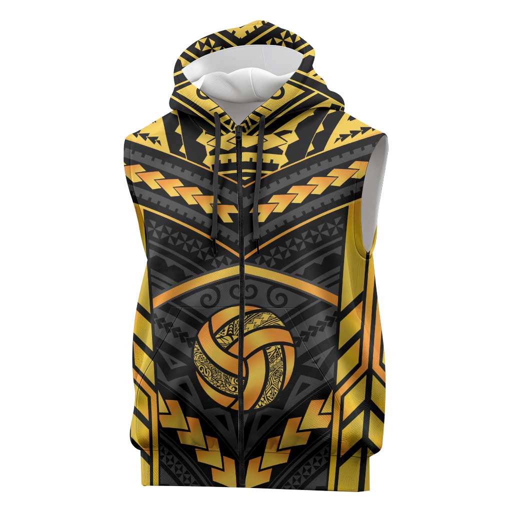 Custom Polynesia Beach Volleyball Sleeveless Zip Hoodie Gold Polynesian Tribal Pattern - Polynesian Pride
