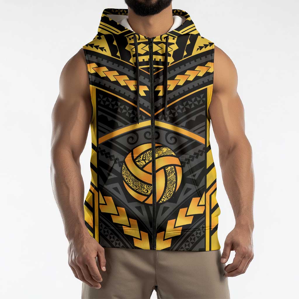 Custom Polynesia Beach Volleyball Sleeveless Zip Hoodie Gold Polynesian Tribal Pattern - Polynesian Pride