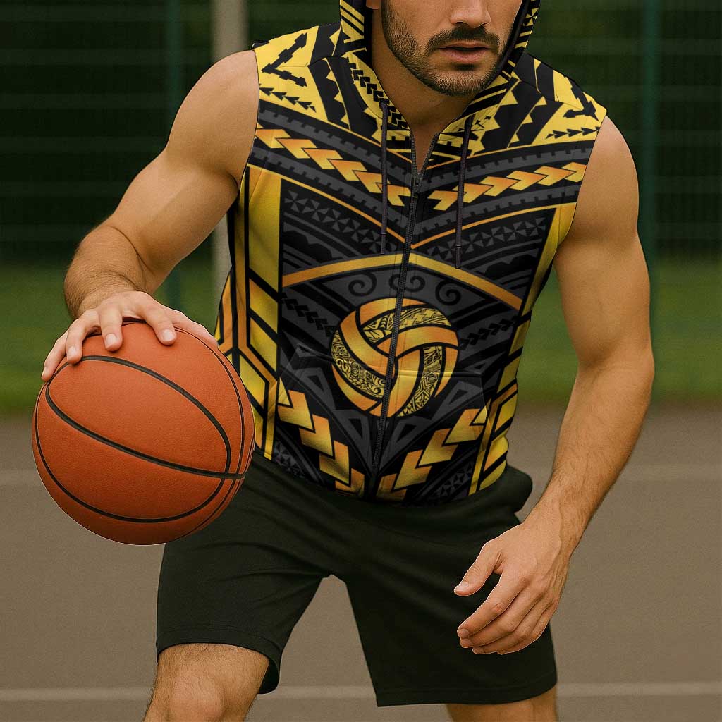 Custom Polynesia Beach Volleyball Sleeveless Zip Hoodie Gold Polynesian Tribal Pattern - Polynesian Pride