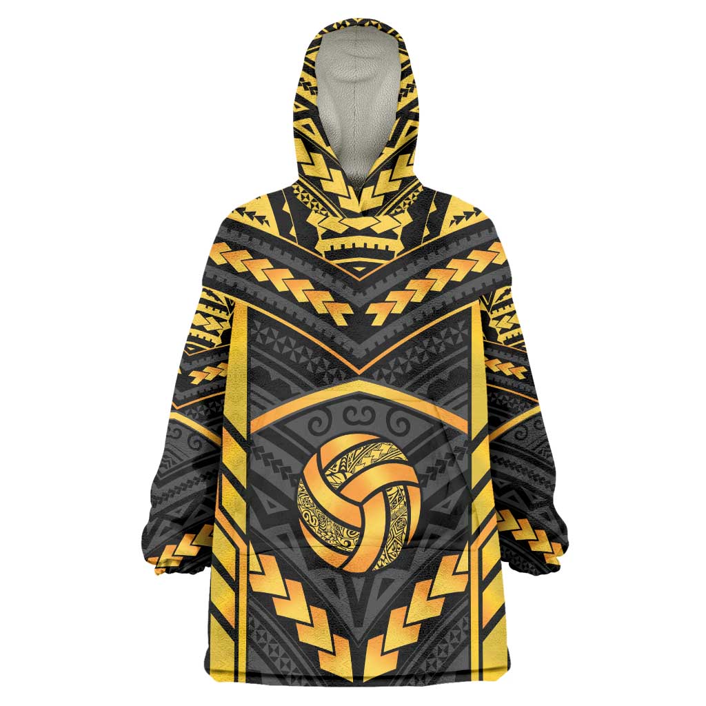 Custom Polynesia Beach Volleyball Wearable Blanket Hoodie Gold Polynesian Tribal Pattern - Polynesian Pride