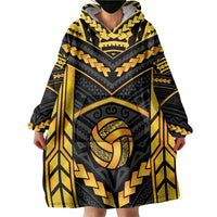 Custom Polynesia Beach Volleyball Wearable Blanket Hoodie Gold Polynesian Tribal Pattern - Polynesian Pride
