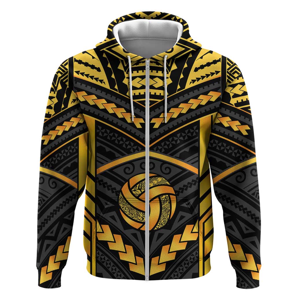 Custom Polynesia Beach Volleyball Zip Hoodie Gold Polynesian Tribal Pattern - Polynesian Pride