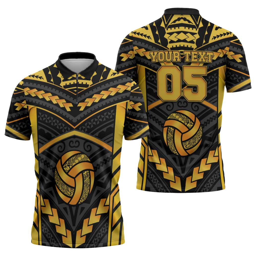 Custom Polynesia Beach Volleyball Zipper Polo Shirt Gold Polynesian Tribal Pattern - Polynesian Pride