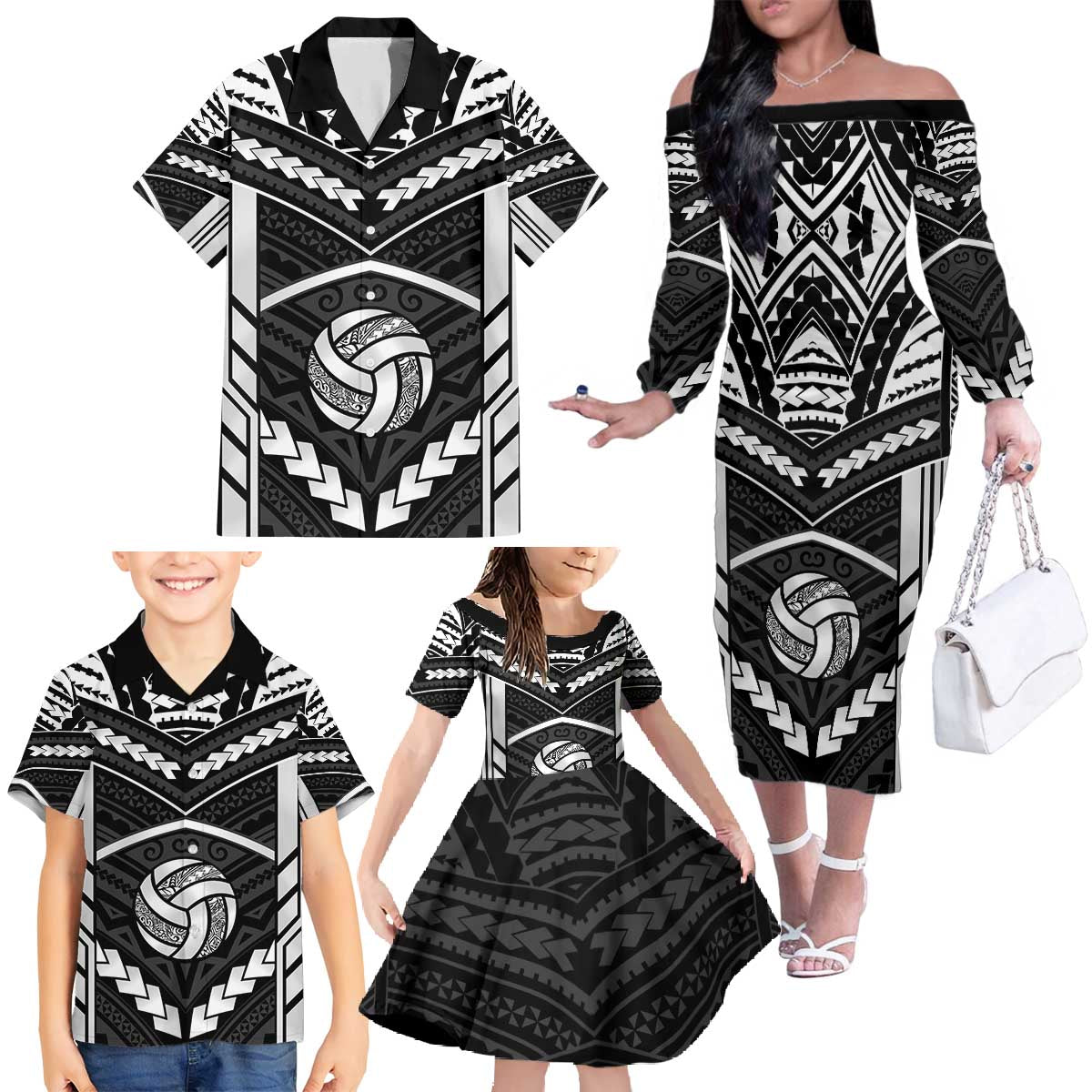 Custom Polynesia Beach Volleyball Family Matching Off The Shoulder Long Sleeve Dress and Hawaiian Shirt Polynesian Tribal Pattern - Polynesian Pride