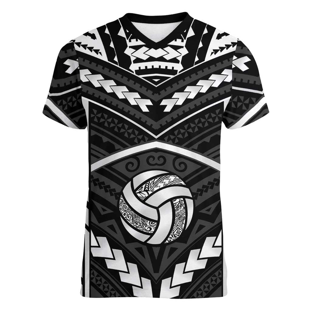 Custom Polynesia Beach Volleyball Women V-Neck T-Shirt Polynesian Tribal Pattern LT05 Female Black - Polynesian Pride