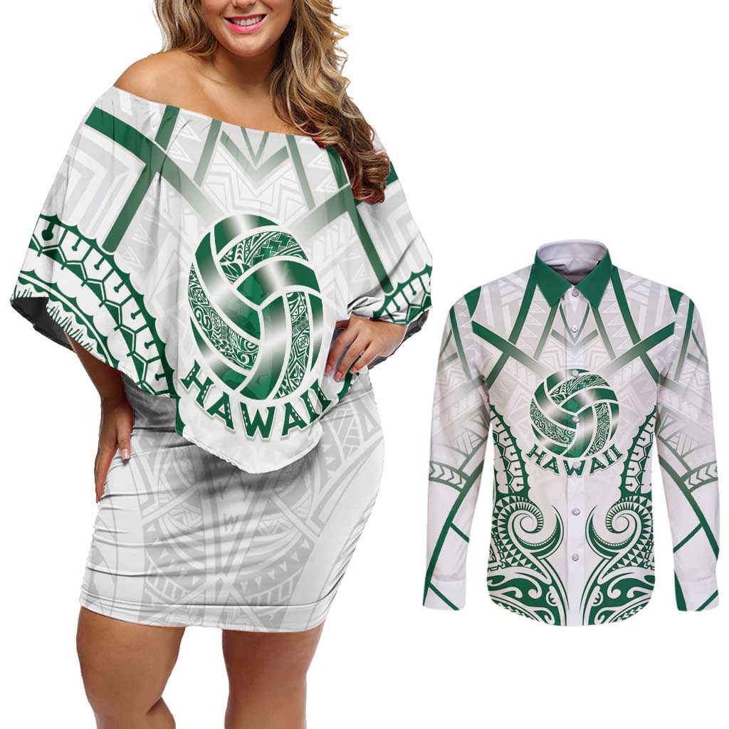 Custom Hawaii Volleyball Couples Matching Off Shoulder Short Dress and Long Sleeve Button Shirt Polynesian Pattern - Polynesian Pride