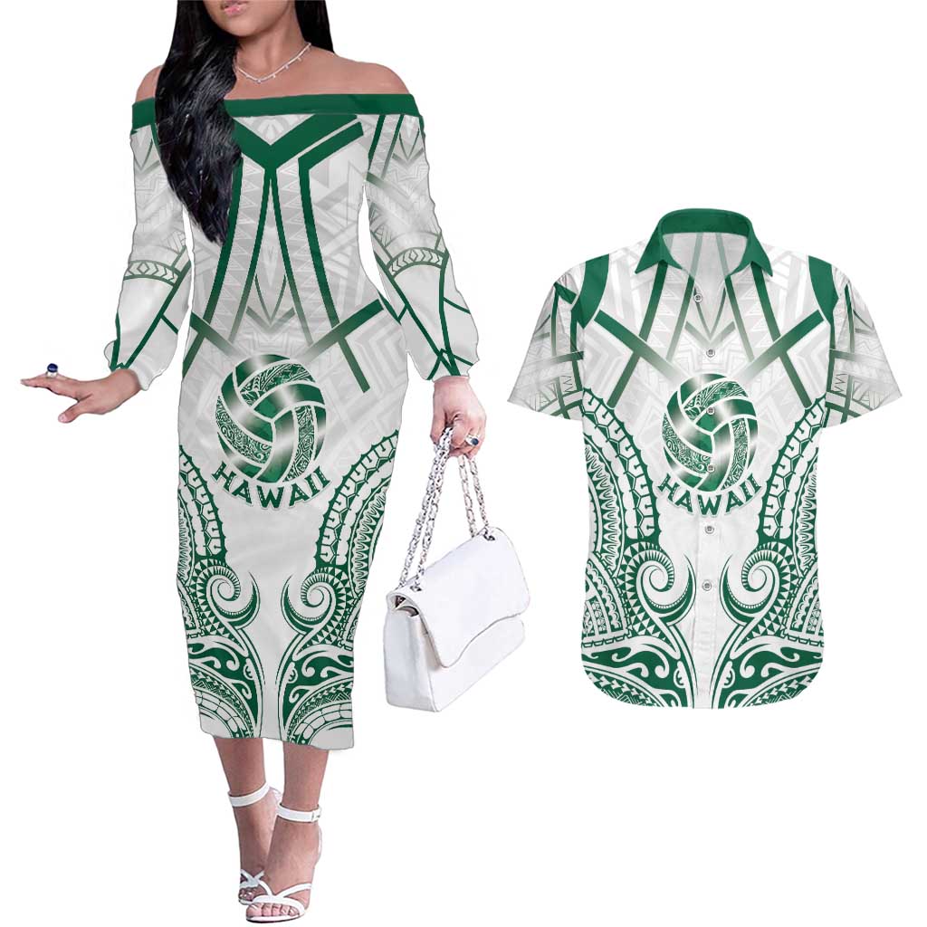 Custom Hawaii Volleyball Couples Matching Off The Shoulder Long Sleeve Dress and Hawaiian Shirt Polynesian Pattern - Polynesian Pride