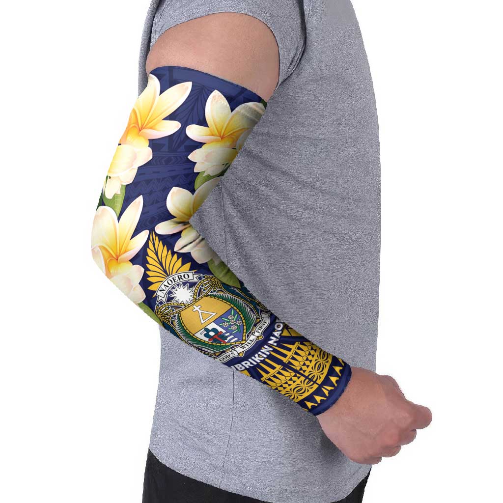 Personalised Nauru Independence Day Arm Sleeves Coat Of Arms With Plumeria - Polynesian Pride