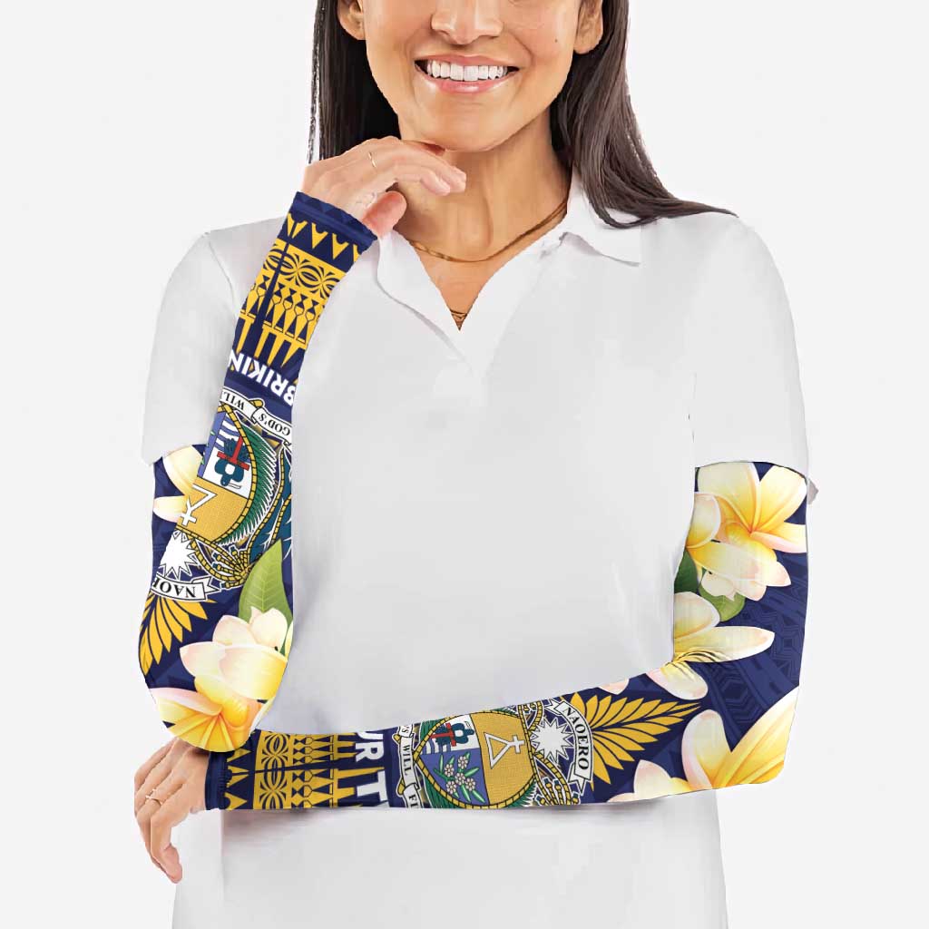 Personalised Nauru Independence Day Arm Sleeves Coat Of Arms With Plumeria - Polynesian Pride