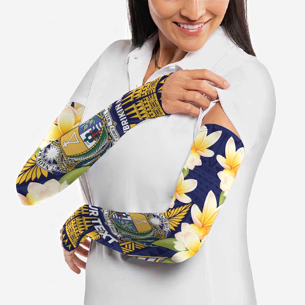 Personalised Nauru Independence Day Arm Sleeves Coat Of Arms With Plumeria - Polynesian Pride