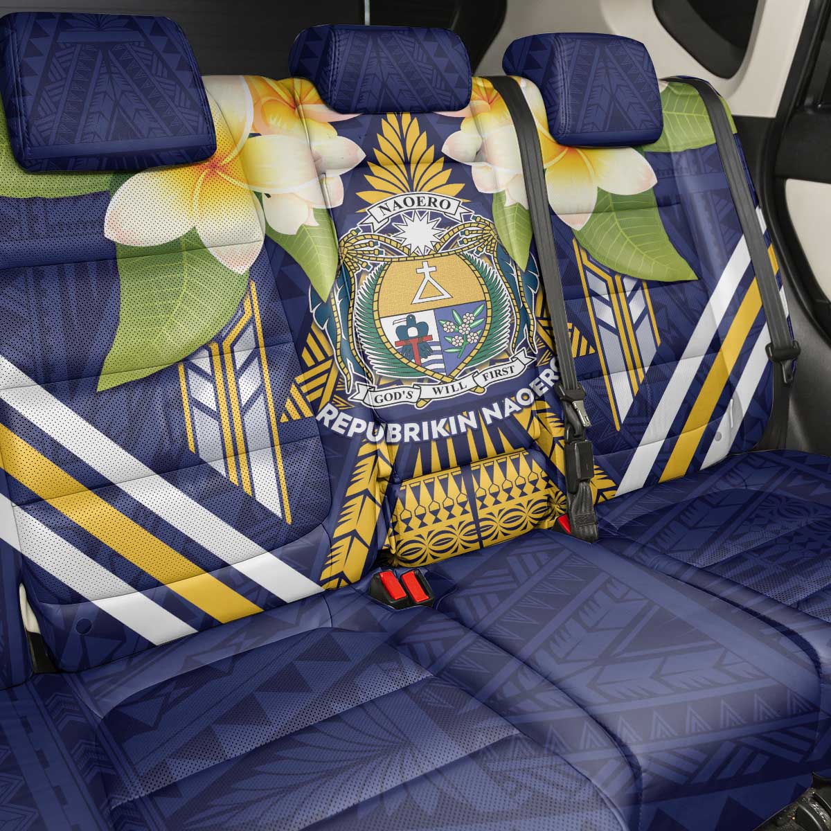 Nauru Independence Day Back Car Seat Cover Coat Of Arms With Plumeria - Polynesian Pride