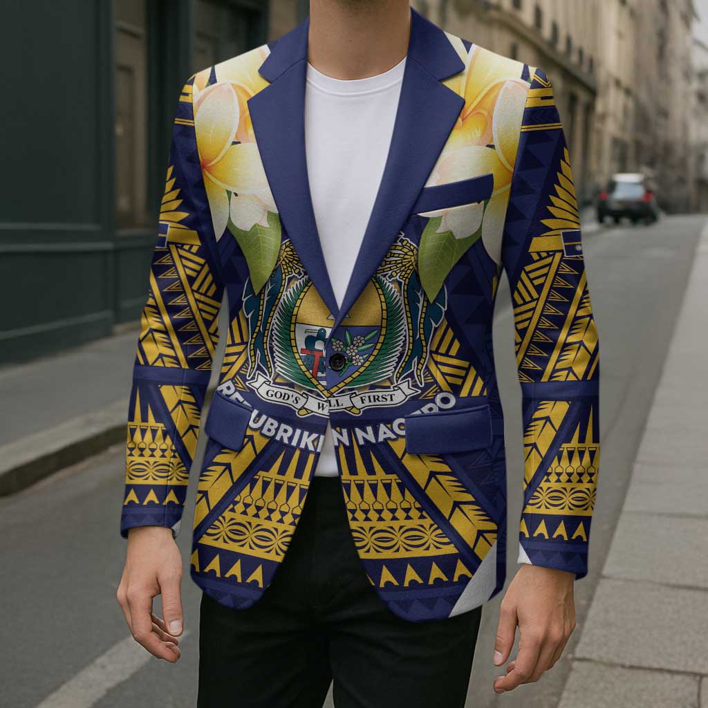 Personalised Nauru Independence Day Blazer Coat Of Arms With Plumeria - Polynesian Pride