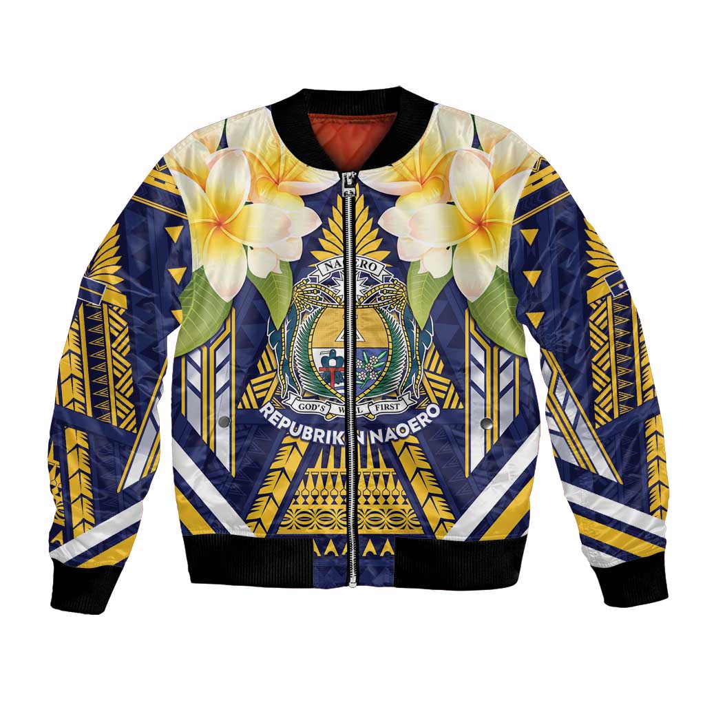 Personalised Nauru Independence Day Bomber Jacket Coat Of Arms With Plumeria - Polynesian Pride
