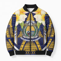 Personalised Nauru Independence Day Bomber Puffer Jacket Coat Of Arms With Plumeria - Polynesian Pride