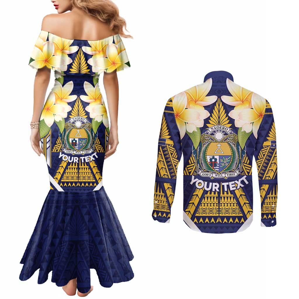 Personalised Nauru Independence Day Couples Matching Mermaid Dress and Long Sleeve Button Shirt Coat Of Arms With Plumeria - Polynesian Pride