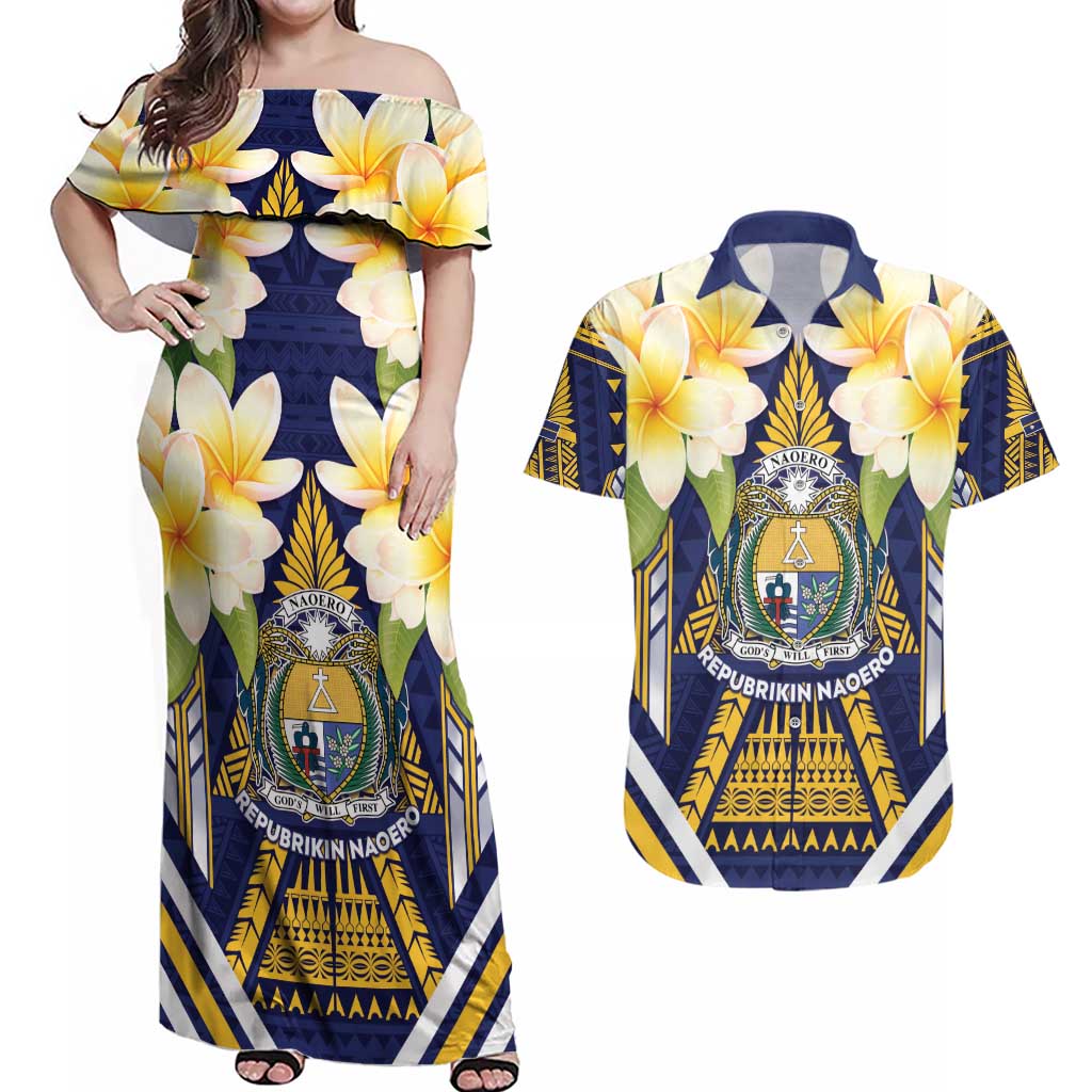 Personalised Nauru Independence Day Couples Matching Off Shoulder Maxi Dress and Hawaiian Shirt Coat Of Arms With Plumeria - Polynesian Pride