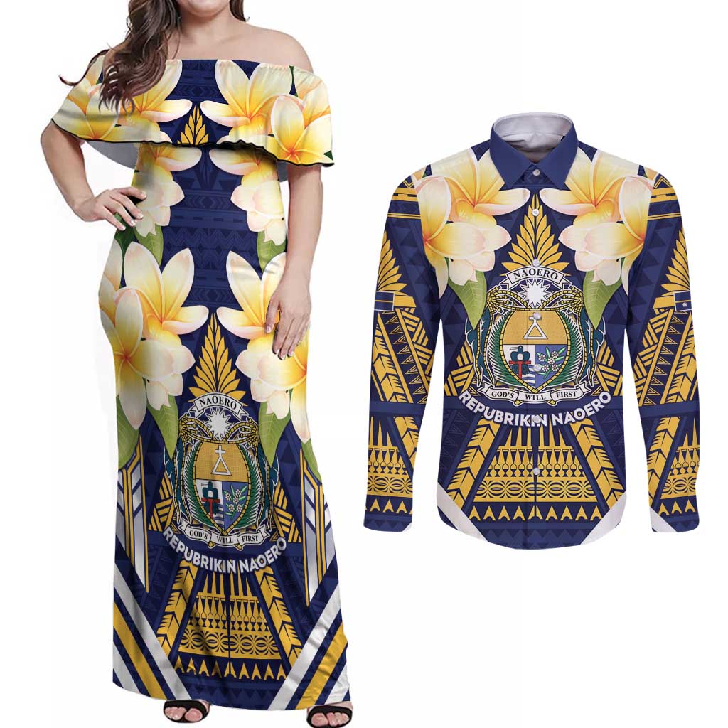 Personalised Nauru Independence Day Couples Matching Off Shoulder Maxi Dress and Long Sleeve Button Shirt Coat Of Arms With Plumeria - Polynesian Pride