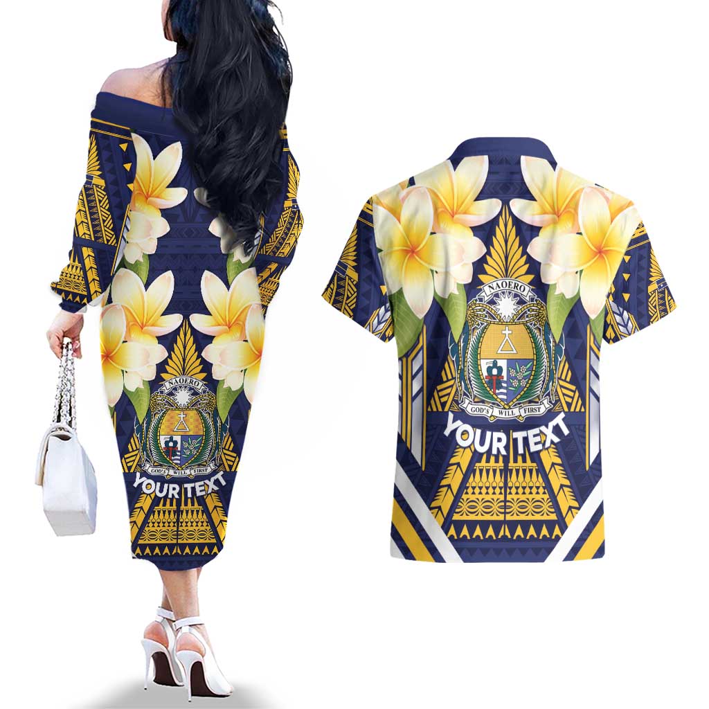 Personalised Nauru Independence Day Couples Matching Off The Shoulder Long Sleeve Dress and Hawaiian Shirt Coat Of Arms With Plumeria - Polynesian Pride