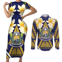 Personalised Nauru Independence Day Couples Matching Short Sleeve Bodycon Dress and Long Sleeve Button Shirt Coat Of Arms With Plumeria - Polynesian Pride
